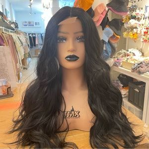 - Human hair blend lace front black wave wig